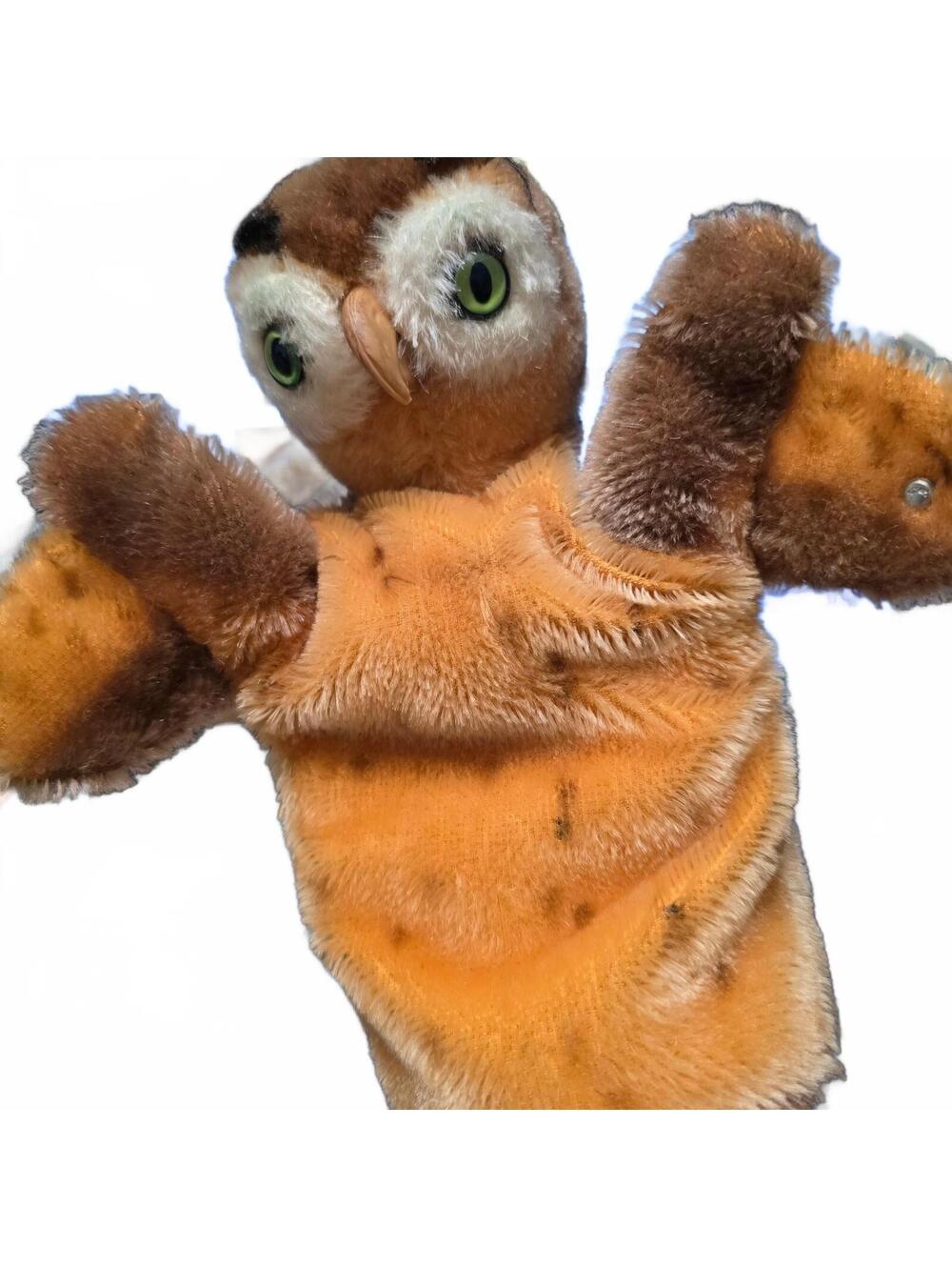 Vintage Steiff Mohair Owl Hand Puppet Plush Toy Brown Yellow Green Eyes  Wittie